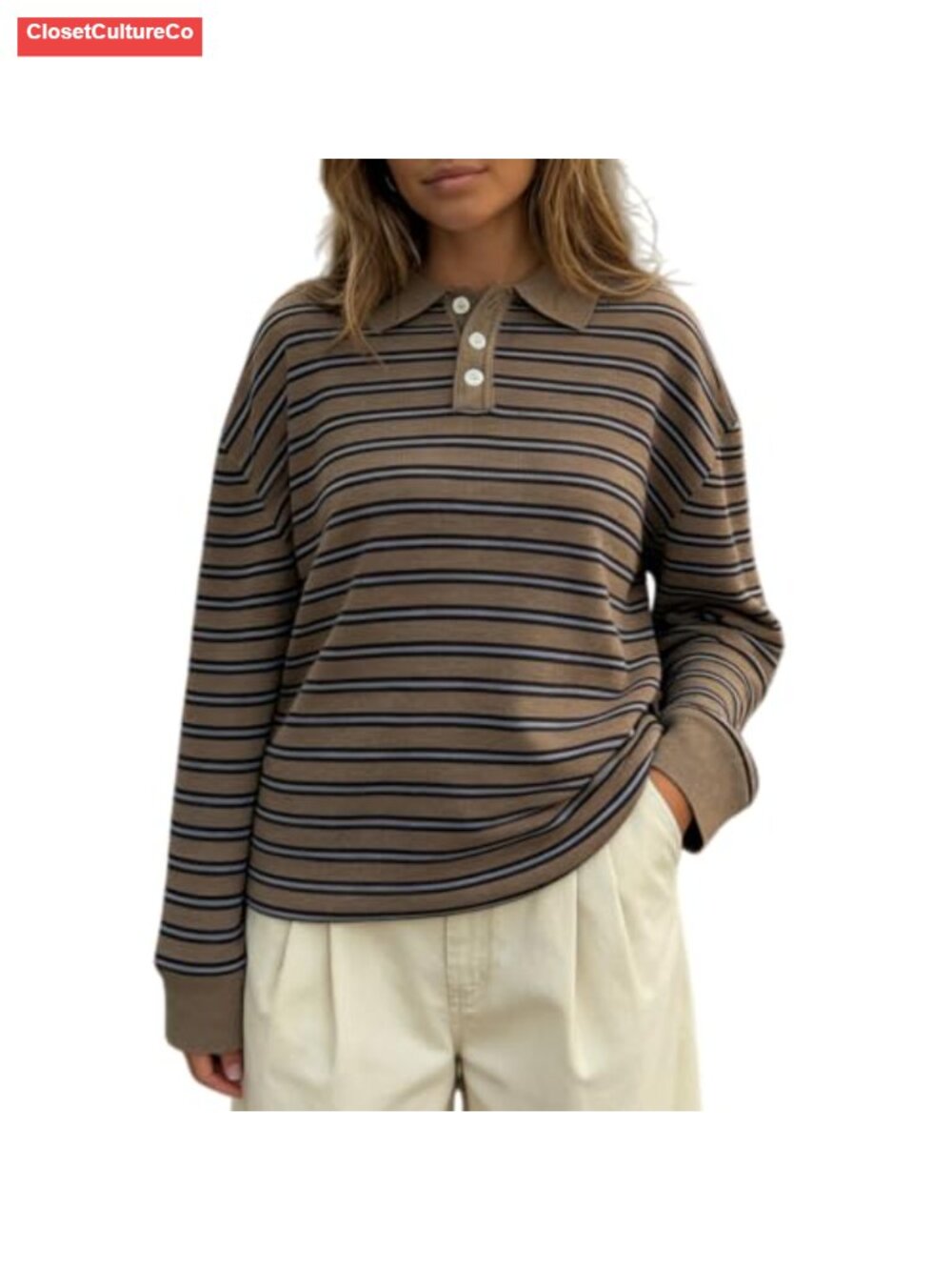 Oversized Striped Polo Sweater Women Collared Long Sleeve Pullover
